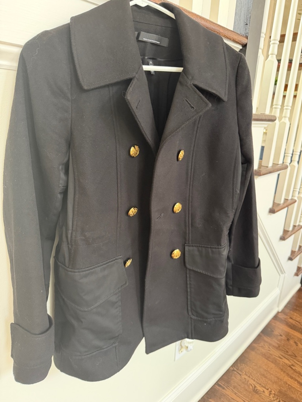White House Black Market Black Double-Breasted Pea Coat with Gold Buttons
